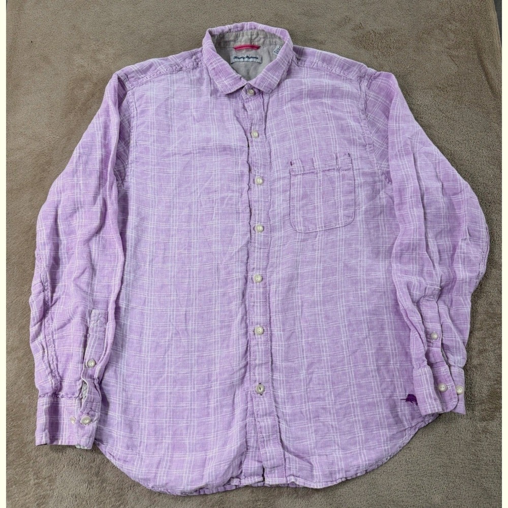 Tommy Bahama Shirt Mens Large Fuchsia Plaid Long Sleeve‎ Lightweight Casual EUC